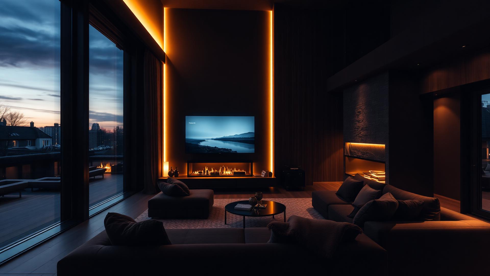 Smart living room in a Glasgow home at dusk, with warm architectural lighting and a concealed television